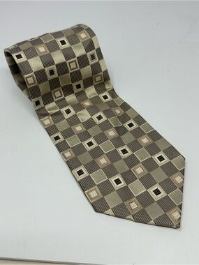 Insignia by Martin Wong Tie Necktie 100% Silk Beige Geometric Square Print Y8